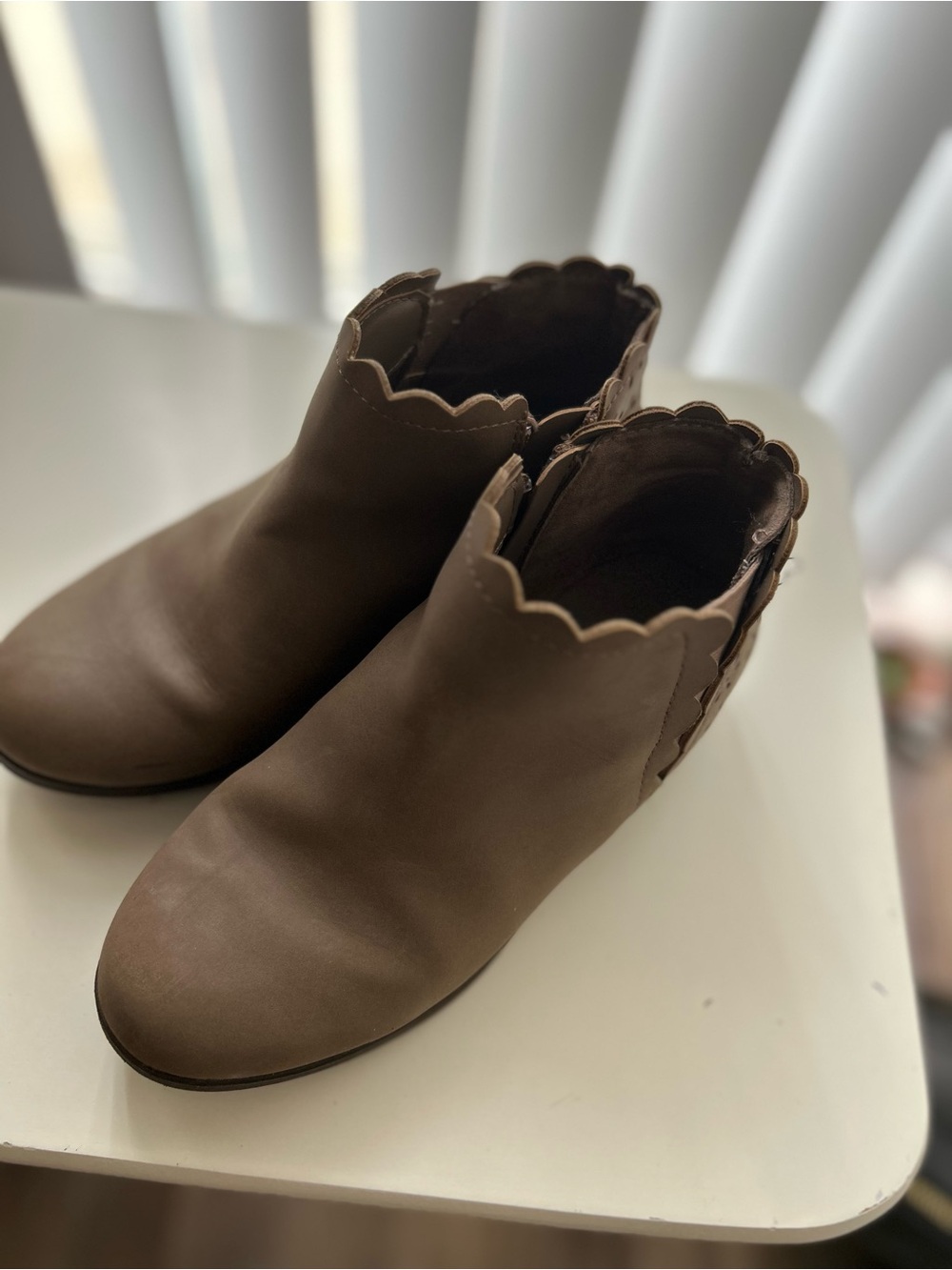 Kids Brown Scalloped Edge Ankle Boots